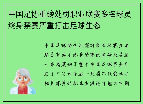 中国足协重磅处罚职业联赛多名球员终身禁赛严重打击足球生态