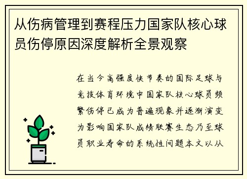 从伤病管理到赛程压力国家队核心球员伤停原因深度解析全景观察 从伤病管理到赛程压力国家队核心球员伤停原因深度解析全景观察